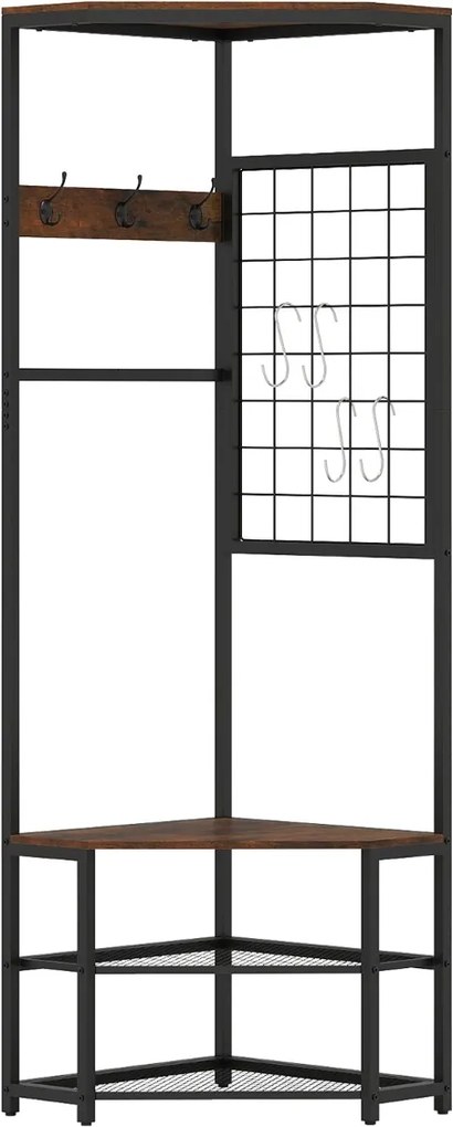Cabide de canto 4 em 1 com 2 prateleiras para sapatos 49 x 49 x 171 cm, 2 níveis e 7 ganchos metálicos para sala de estar, hall de entrada ou corredor