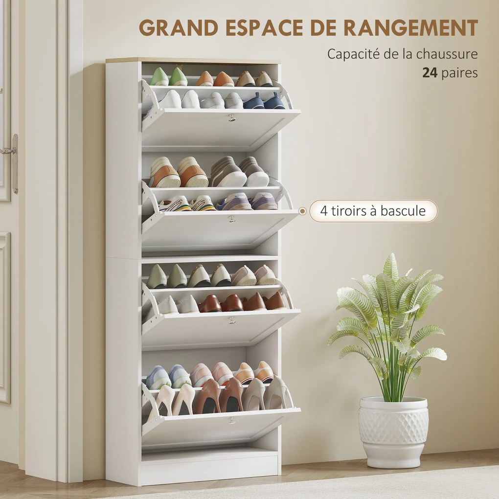 Sapateira com capacidade 60 x 23,5 x 153 cm para 24 pares, com 4 gavetas rebatíveis e prateleiras ajustáveis, branco