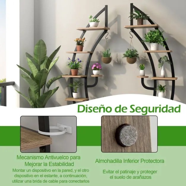 Conjunto de 2 Estantes Metálicas para Plantas 7 Níveis em Forma de Crescente Curvo com Gancho para Varanda 60x30x155 cm Natural