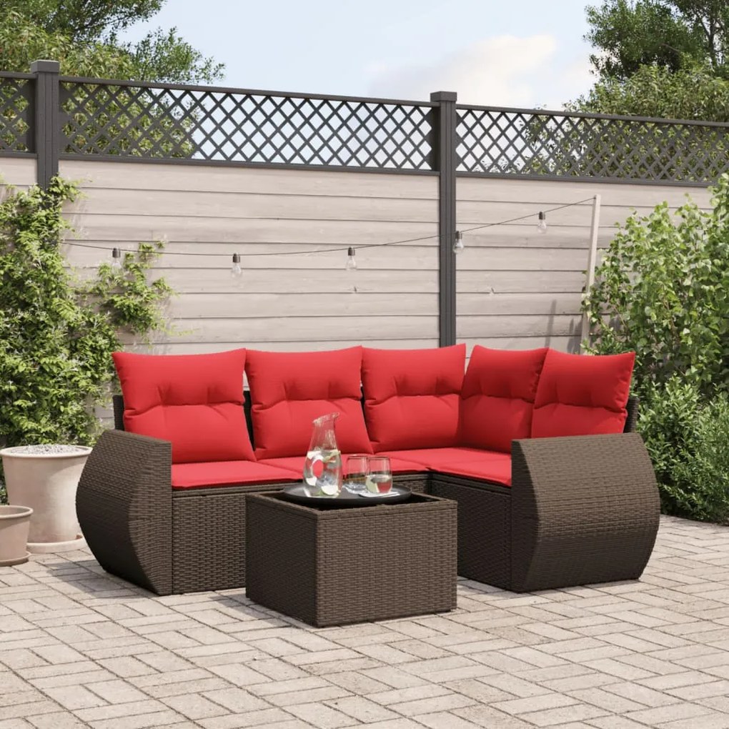 vidaXL 5 pcs conjunto sofás p/ jardim c/ almofadões vime PE castanho