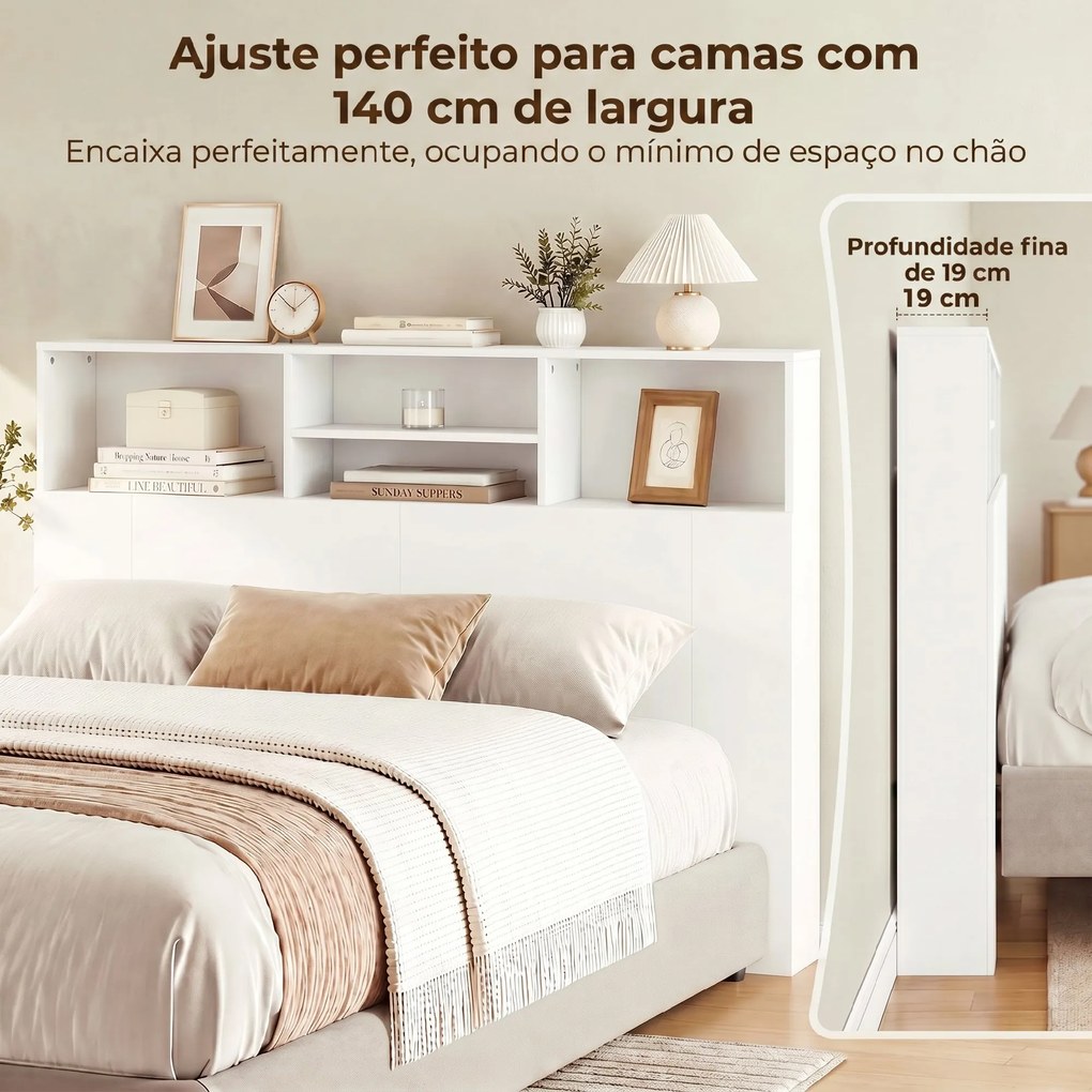 Cabeceira de Cama 140 cm com Arrumação e 4 Compartimentos Abertos para Quarto Branca