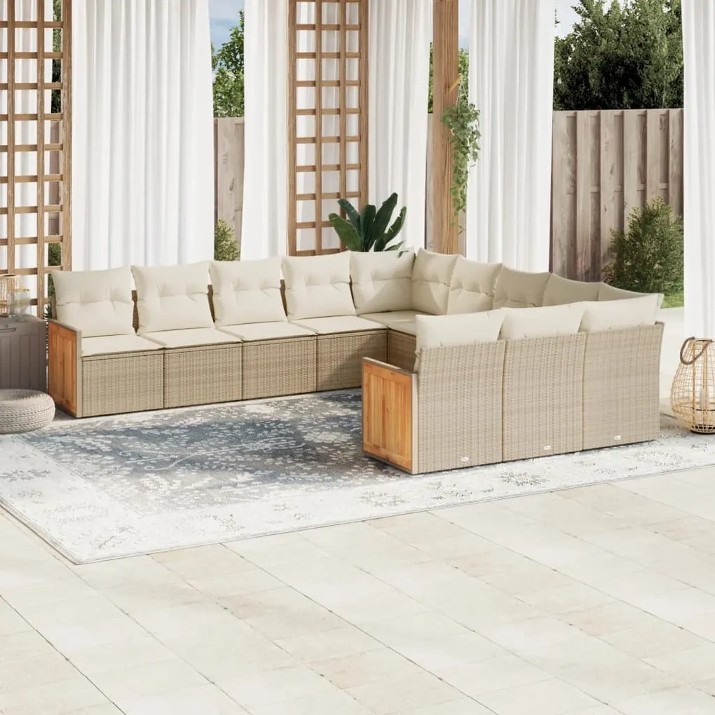 11 pcs conjunto sofás de jardim c/ almofadões vime PE bege