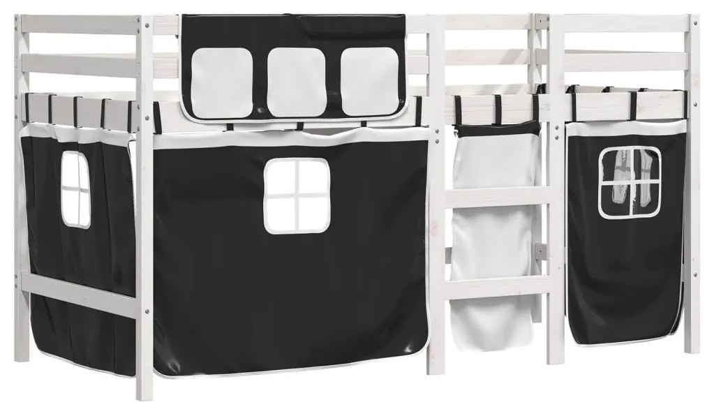 Cama alta criança c/ cortina 80x200cm pinho maciço branco/preto