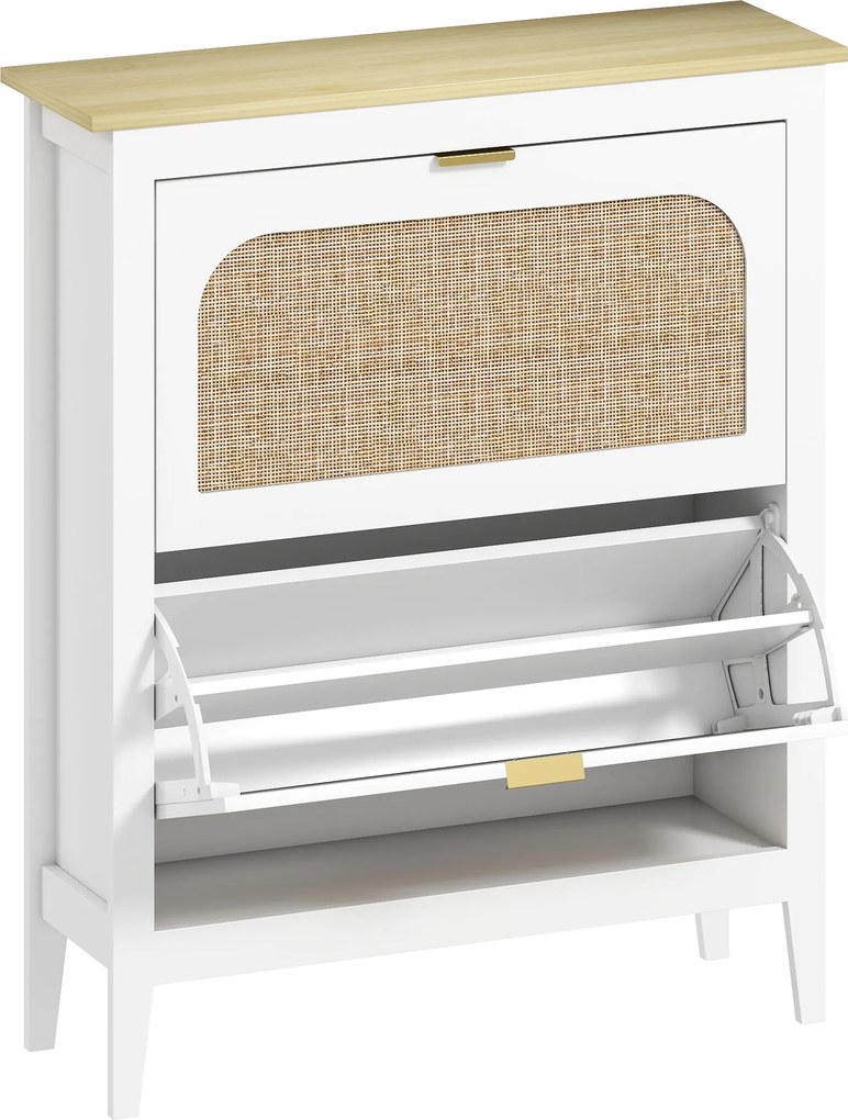 HOMCOM Sapateira Estreita com 2 Portas em Vime e Prateleiras Ajustáveis para 14 Pares de Sapatos 105x24x95,5 cm Branco | Aosom Portugal