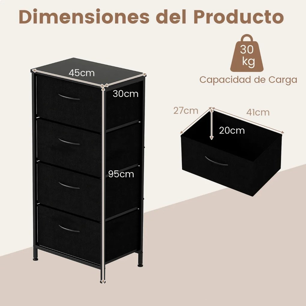 Comoda com 4 gavetas em tecido com tampa de 45 x 30 x 95 cm madeira Puxadores fáceis de puxar e estrutura metálica resistente preta