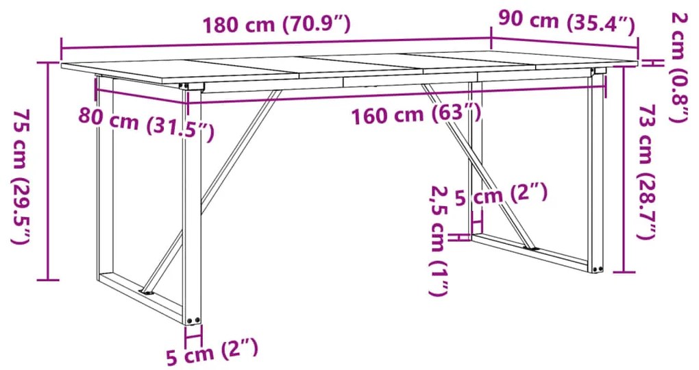 Mesa de jantar estrutura em O 180x90x75cm pinho e aço