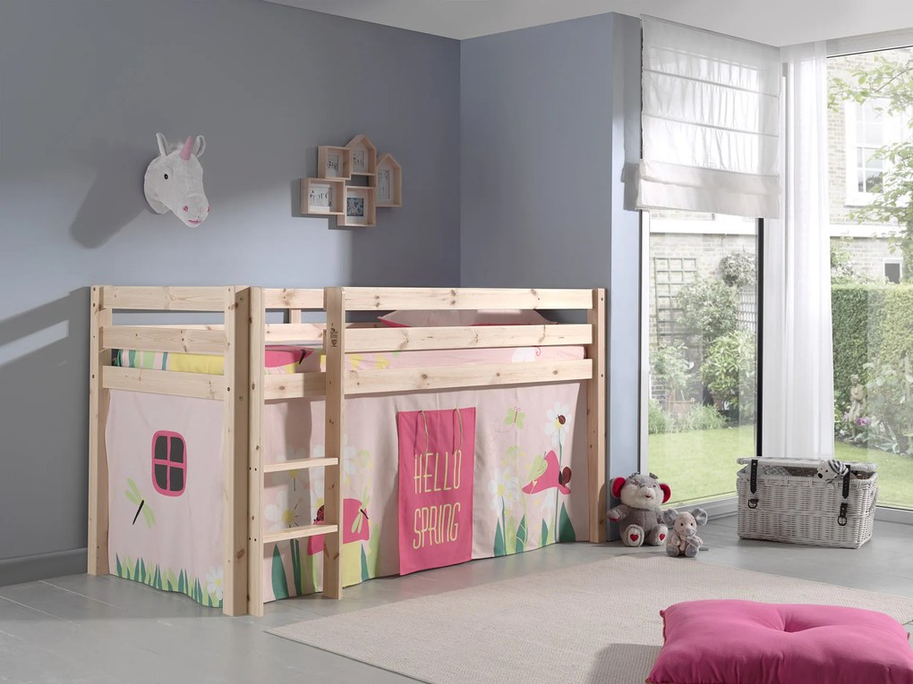 Conjunto Cama alta de Criança PINO 90 x 200 cm + estrado + escada + cortina Princesa Natural