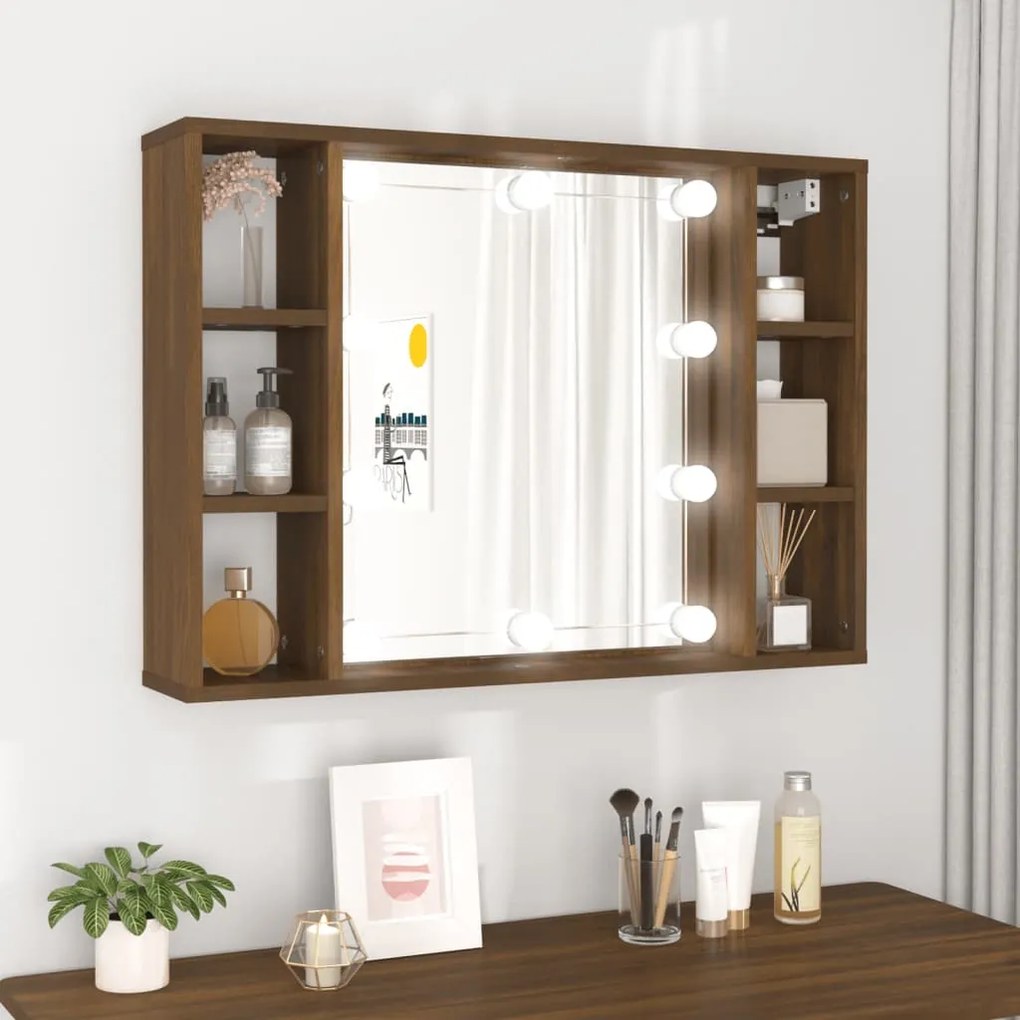 820447 vidaXL Armário espelhado com LED 76x15x55 cm carvalho castanho