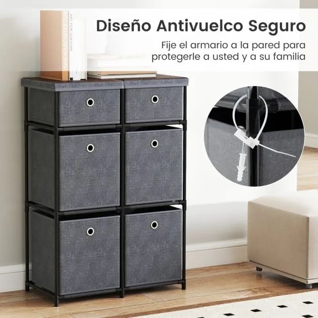 Cómoda com 6 gavetas 58 x 29 x 84 cm, estrutura metálica e cestos de tecido dobráveis para casa, cinza