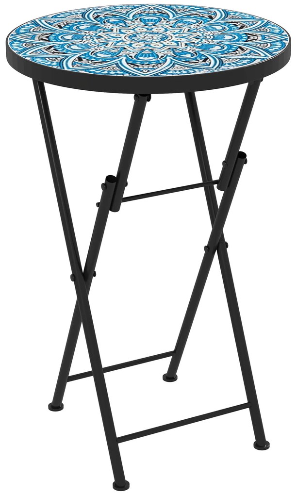 Outsunny Mesa Auxiliar Redonda Mesa de Jardim Dobrável com Bancada em Mosaico e Pés com Almofadas Antiderrapantes Ø35,5x55 cm Azul