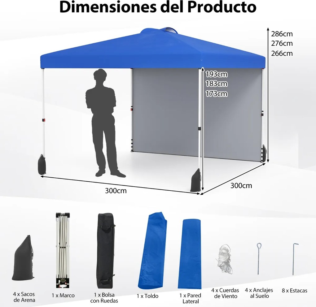 Tenda Pop up 3 x 3 m jardim, eventos, feiras com 1 Parede Lateral, com Bolsa com Rodas, 4 Sacos de Areia Azul