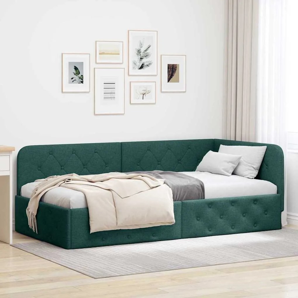 vidaXL Estrutura de Cama de Canto Verde Escuro 90 x 200 cm tecido