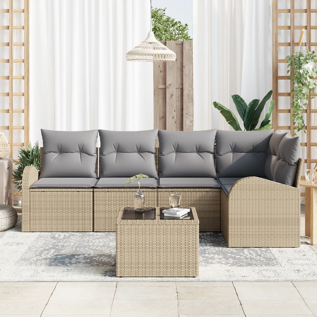Conjunto de Sofá de Jardim de 6 Peças com Almofadas Rattan Poliéster P