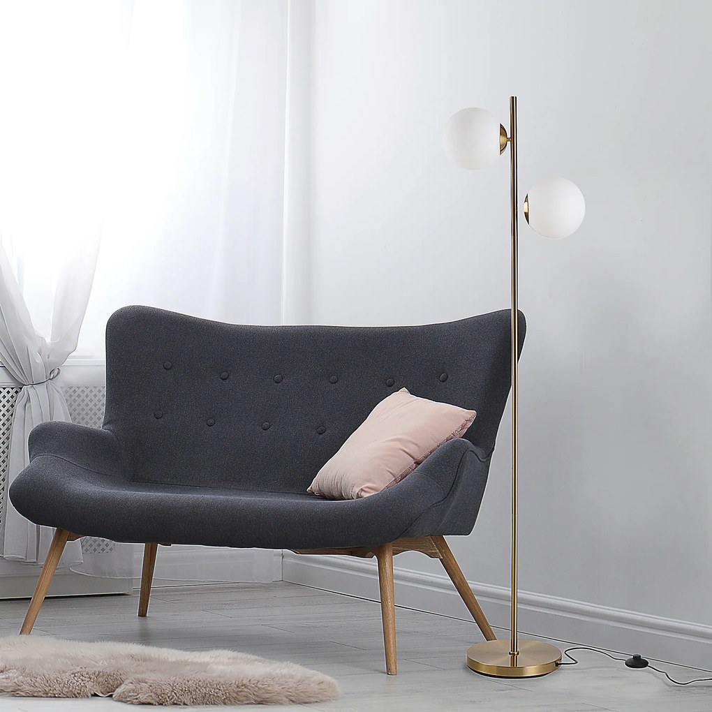 Candeeiro de pé de design para sala de estar, estilo neo-retro, com 2 lâmpadas esféricas, potência máxima de 40 W, em metal dourado