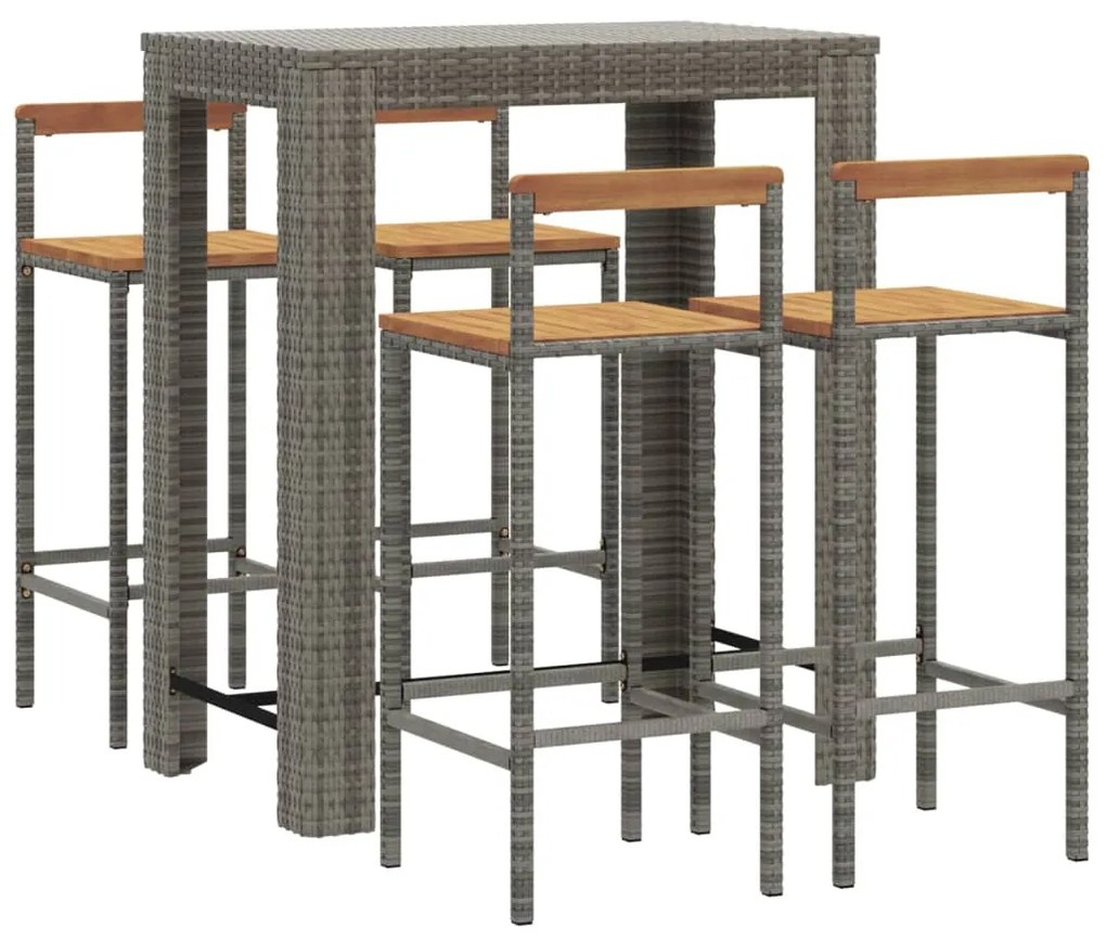 5 pcs conjunto de bar p/ jardim vime PE/acácia maciça cinzento