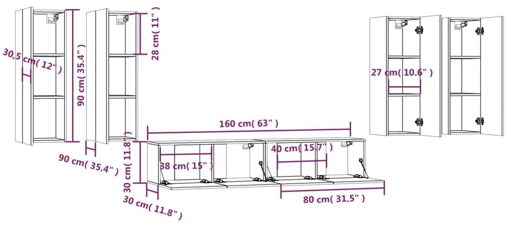 Conjunto móveis de TV 6 pcs madeira processada sonoma cinza