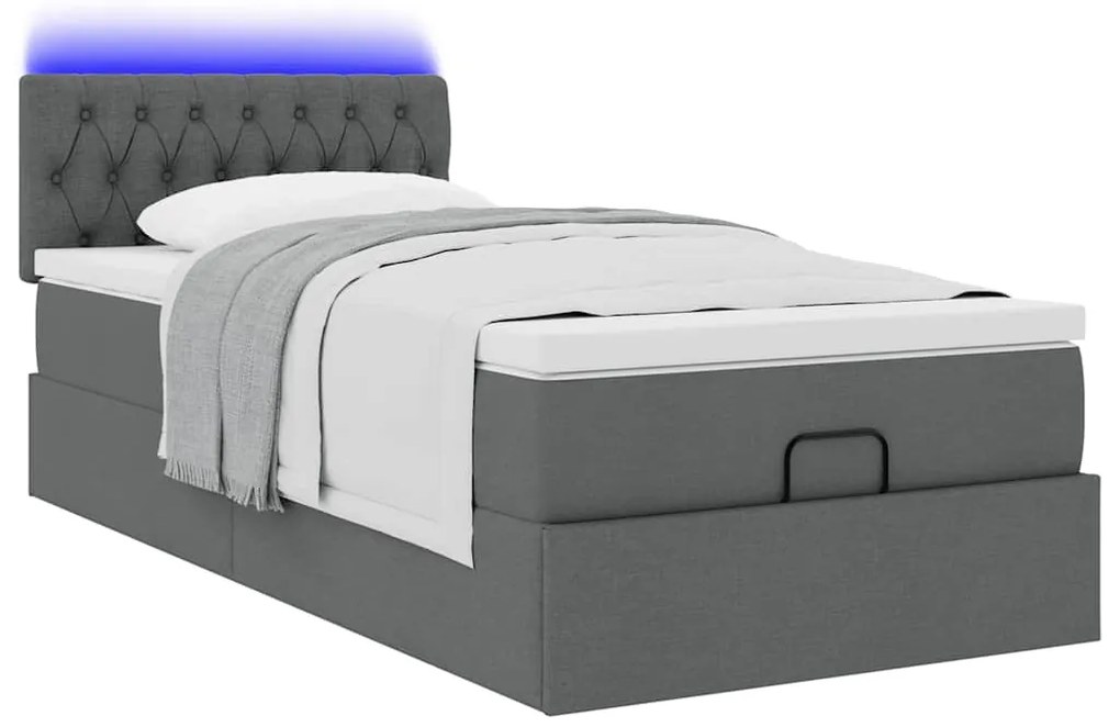 Cama otomana com colchão & LEDs 90x200cm tecido cinzento escuro