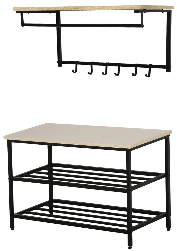 HOMCOM Móvel Cabide de Entrada com 6 Ganchos e Sapateira Armário de Entrada com Cabide Estilo Industrial 75x30x45cm Preto e Madeira |Aosom Portugal