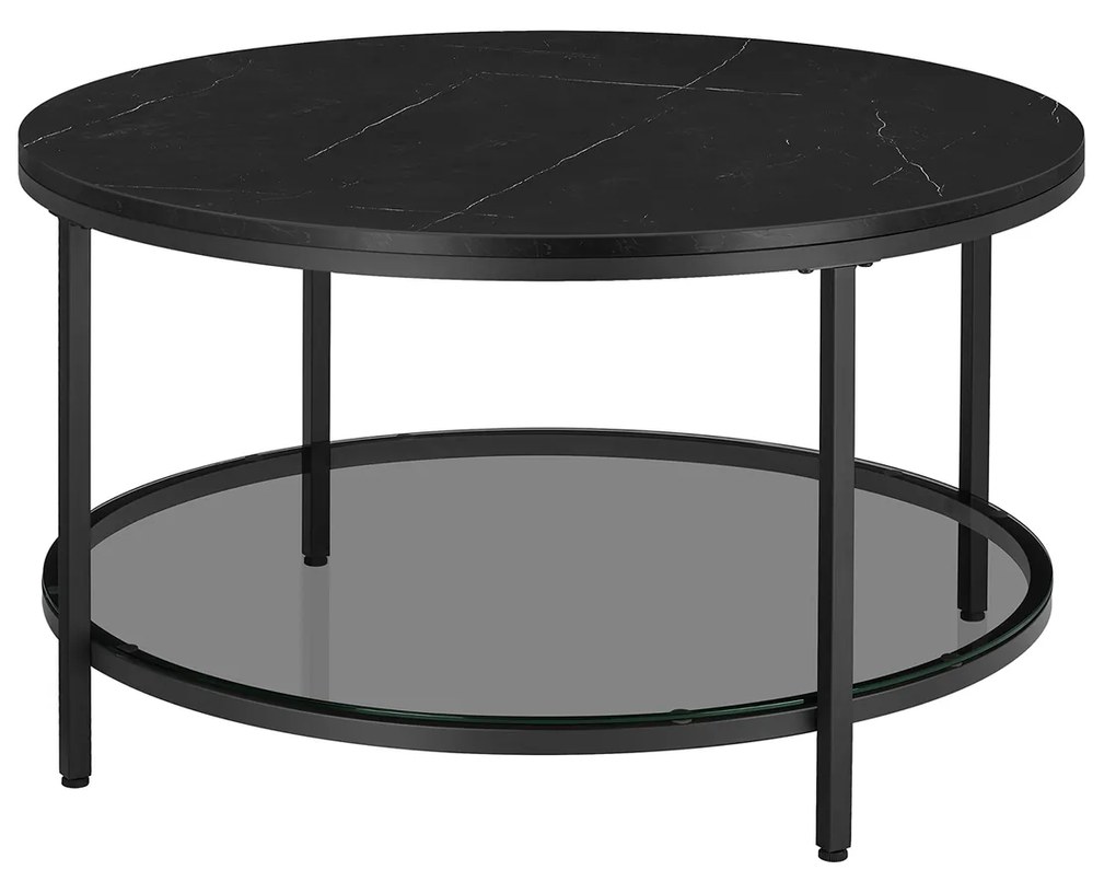 Mesa de centro com tampo de vidro moderna 80 x 46 cm (Ø x H) imitação mármore Preto + Preto