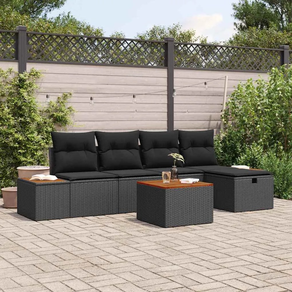 vidaXL Conjunto de Sofá de Jardim com 6 peças e almofadas em poly rattan preto