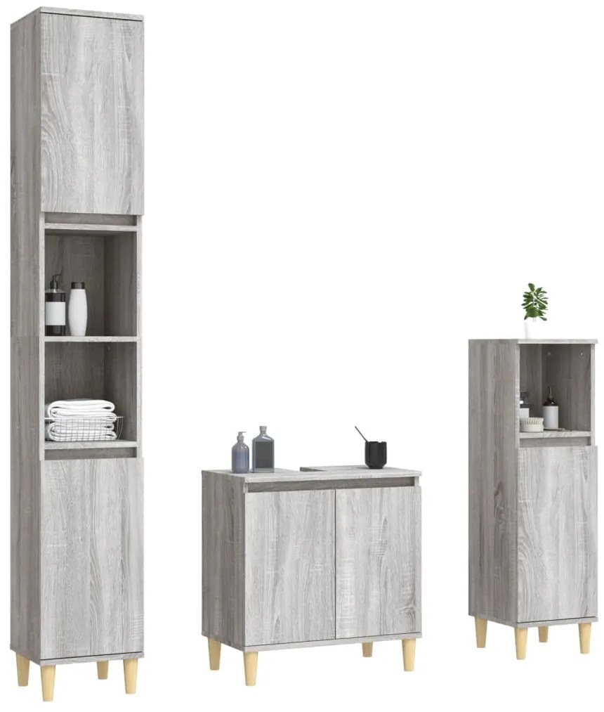 3 pcs Conjunto móveis casa de banho madeira proc. cinza sonoma
