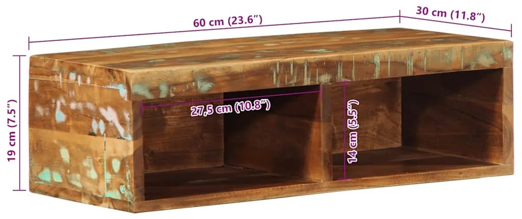 Armário de TV para parede 60x30x19 cm madeira recuperada maciça