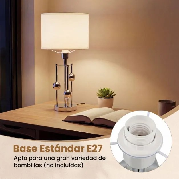 Candeeiro de mesa moderno com base E27 Abajur de linho Bolas decorativas para quarto Sala de estar Estúdio Prateado + Branco