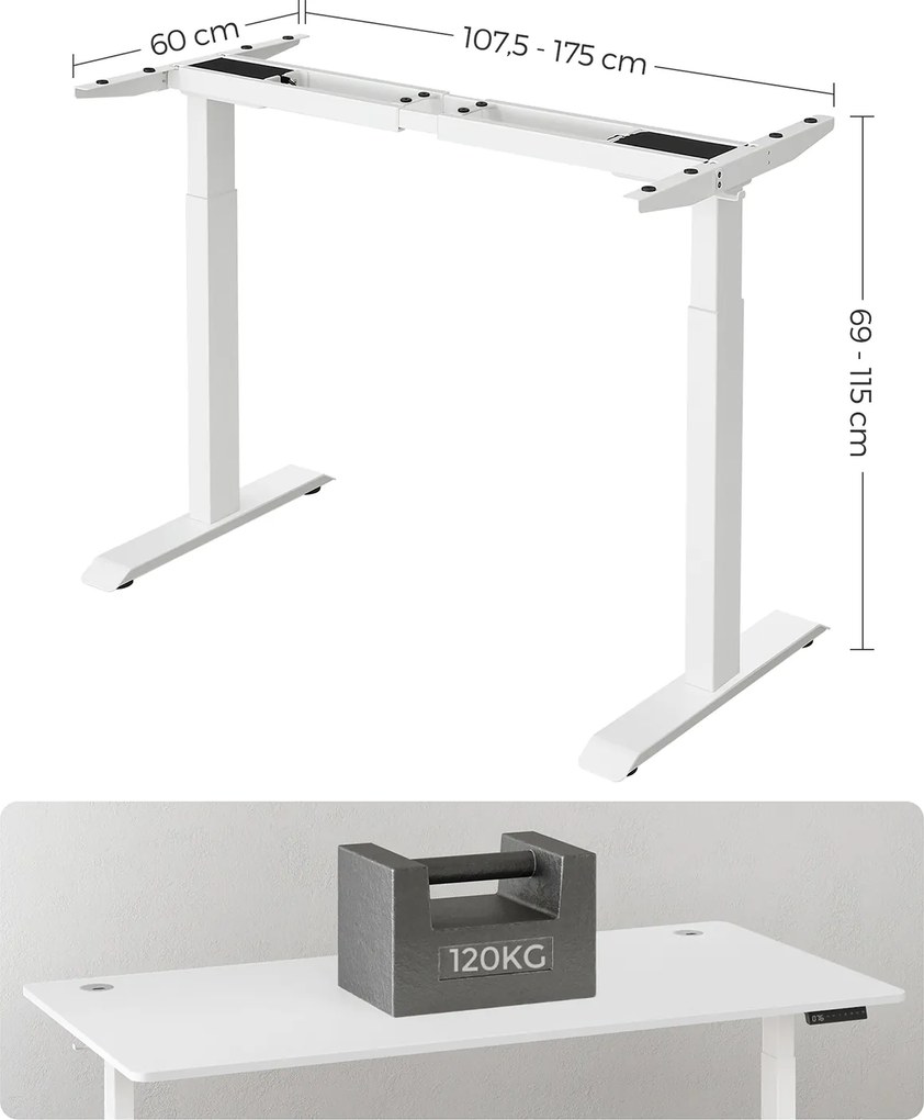 Estrutura Secretária regulável em altura sem tampo com motor duplo 60 x (107,5-175) x (69-115) cm Branco