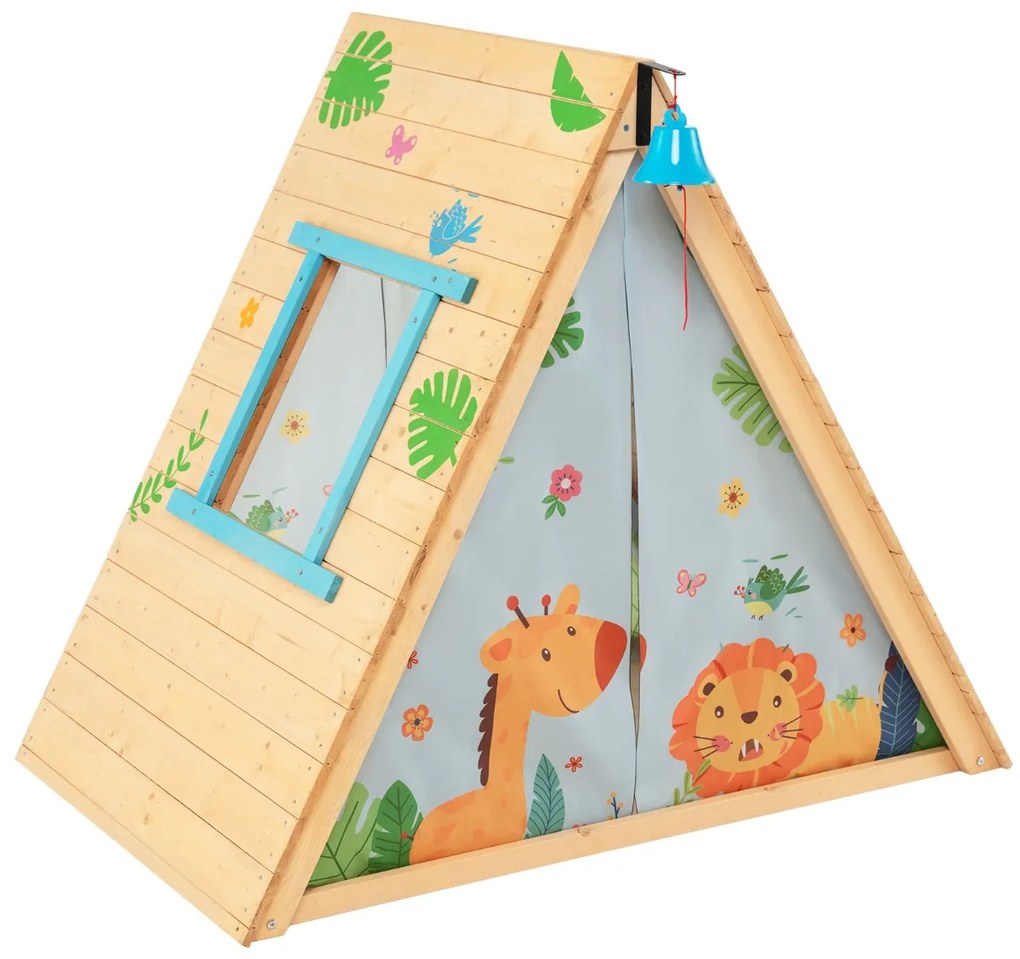 Conjunto de casa de madeira triangular 2 em 1 para 2 crianças dos 3 aos 8 anos com parede de escalada, campainha frontal e cortina amovível Natural