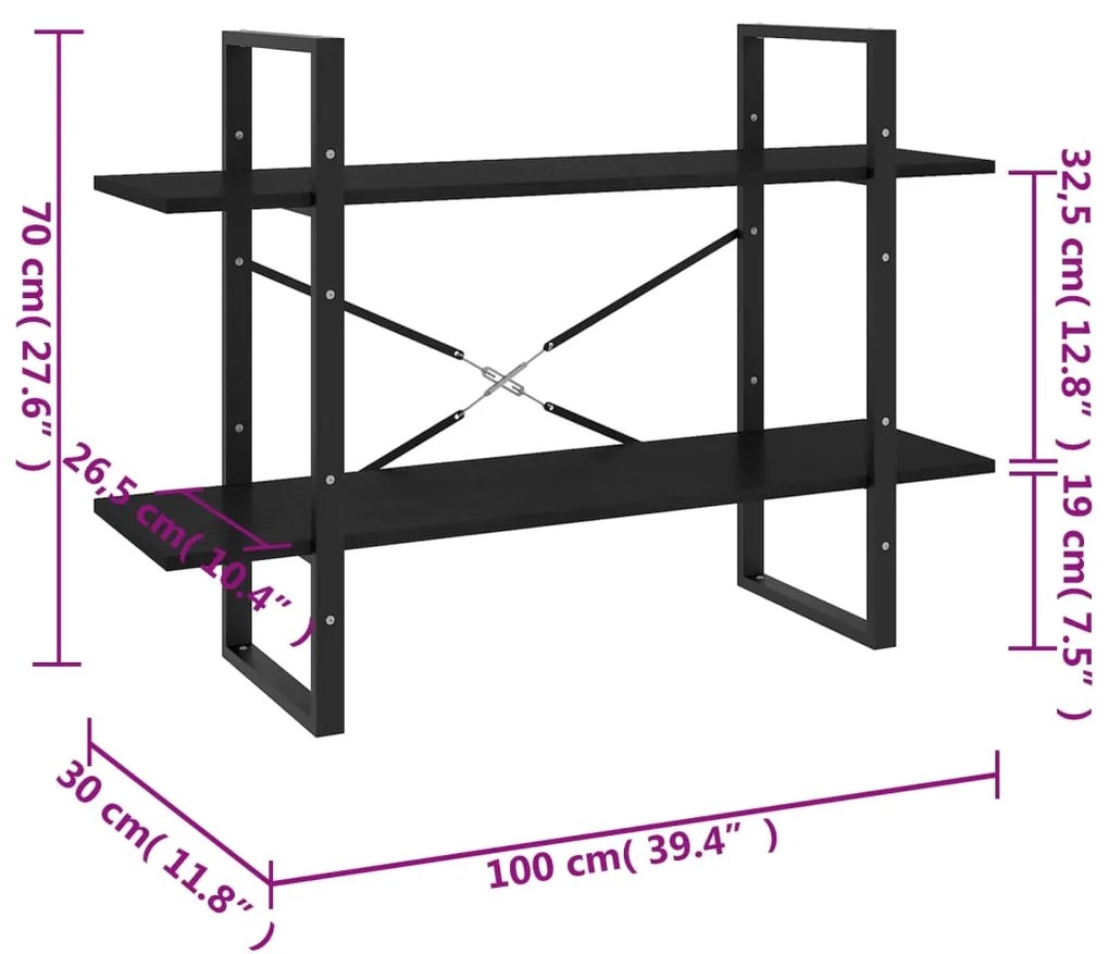 Estante com 2 prateleiras 100x30x70 cm pinho maciço preto