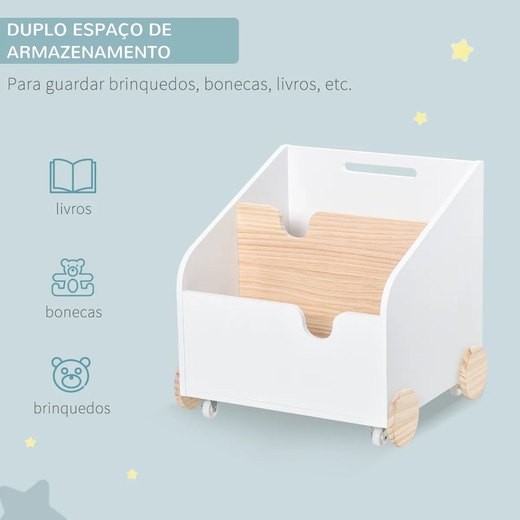 Caixa de Armazenamento de Brinquedos de 2 Seções com Rodas Puxador Carrinho de Madeira Infantil 40x43x43cm Branco e Madeira Natural