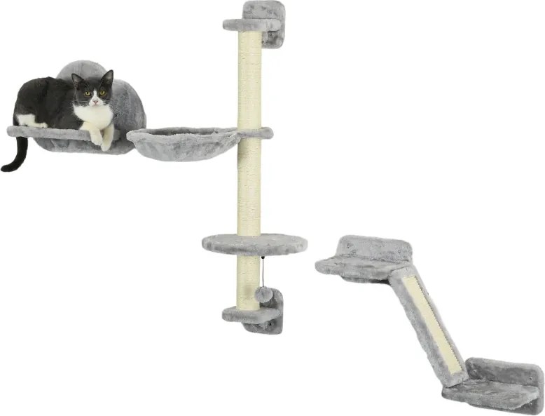 Conjunto de Prateleiras de Escalada para Gatos de 3 Peças com Rede Rampa Arranhador Plataforma em Forma de Nuvem para Saltar Cinzento