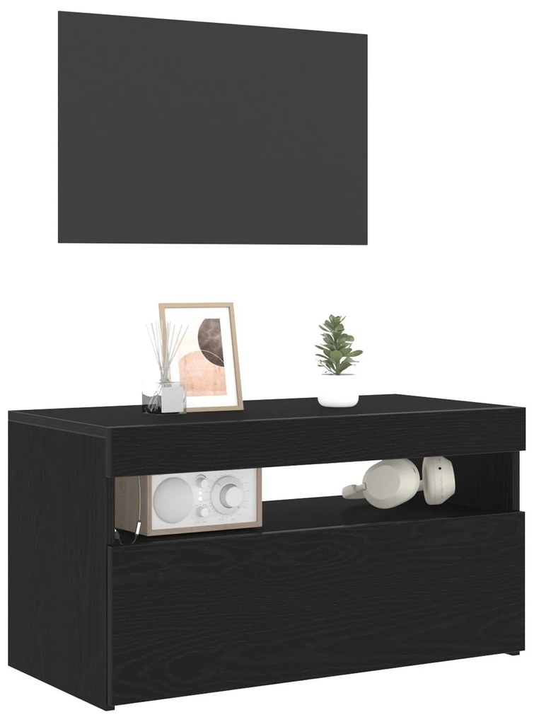 Estante para TV com Luzes LED em Madeira de Carvalho Preto 75x35x40 cm