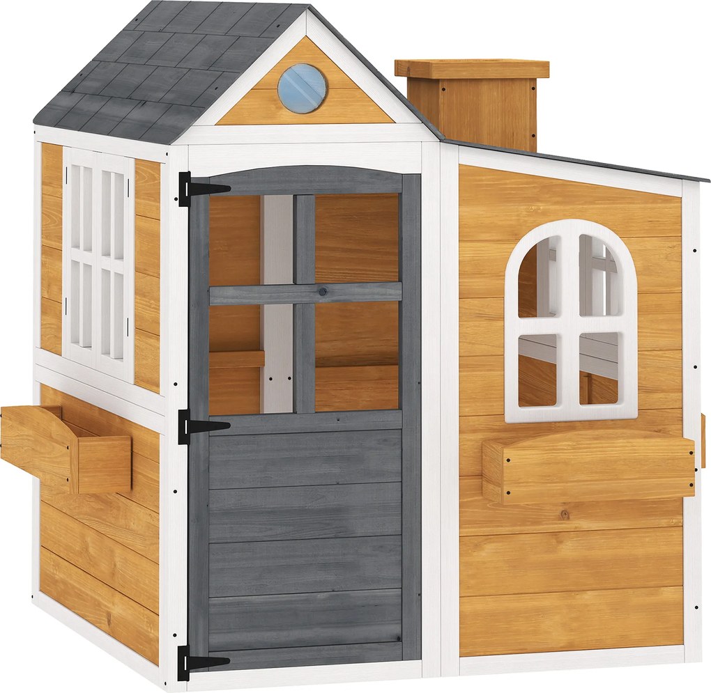 AIYAPLAY Casinha infantil exterior em madeira, casa infantil exterior/interior com porta, janelas, 3 jardineiras, amarelo | Aosom Portugal