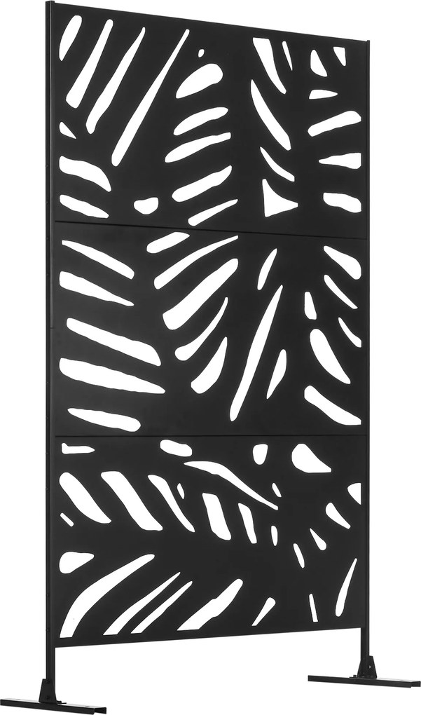 Outsunny Biombo de 3 Painéis 122x198 cm Biombo Separador de Ambientes com Suporte Design de Folhas Preto | Aosom Portugal