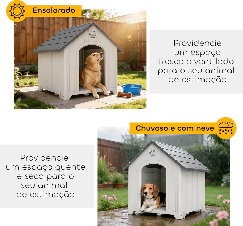 Casota para Cães de Exterior Casa para Cães Grandes em Plástico com 2 Janelas Base Elevada Estacas Cinzento