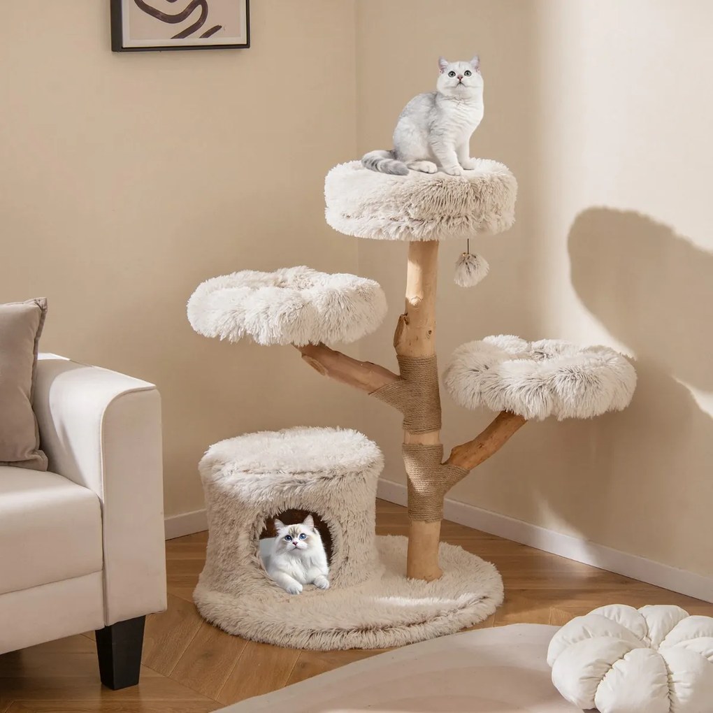 Arranhador para gatos 68 x 102 cm com galhos de madeira, 2 plataformas, arranhador de juta natural e bola pendurada para interior, branco + natural