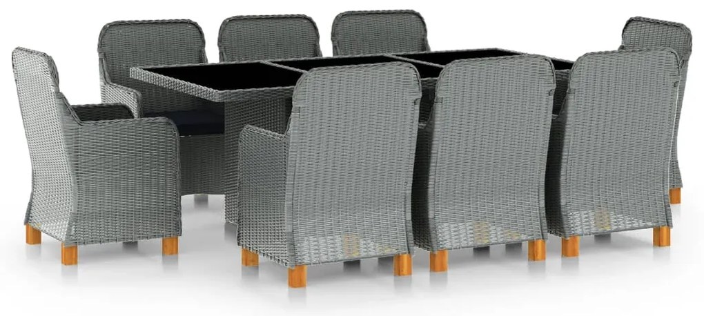 9 pcs conj. jantar exterior + almofadões vime PE cinzento-claro