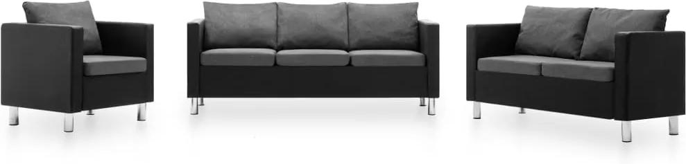 Conjunto de sofás couro artificial 3 pcs preto e cinzento claro