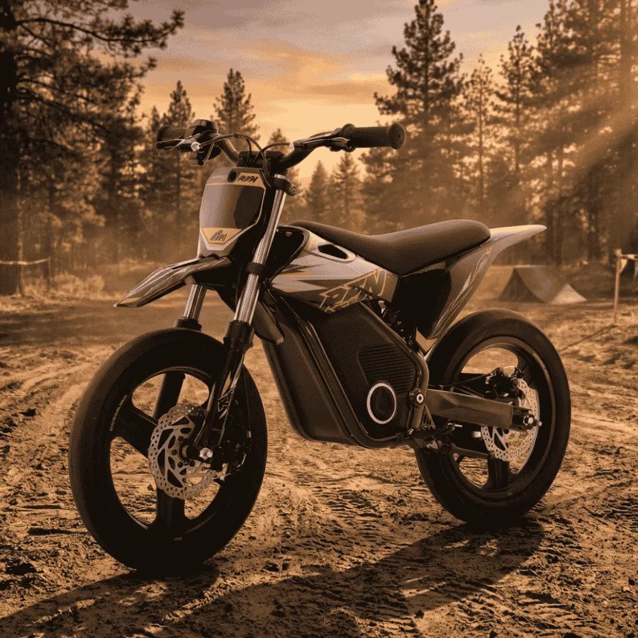 Mini moto elétrica para crianças velocidade até 30Km/h C/Limitador RFN SX-E350 WARRIOR 350W Supermotard 14/14” Preto e Dourado