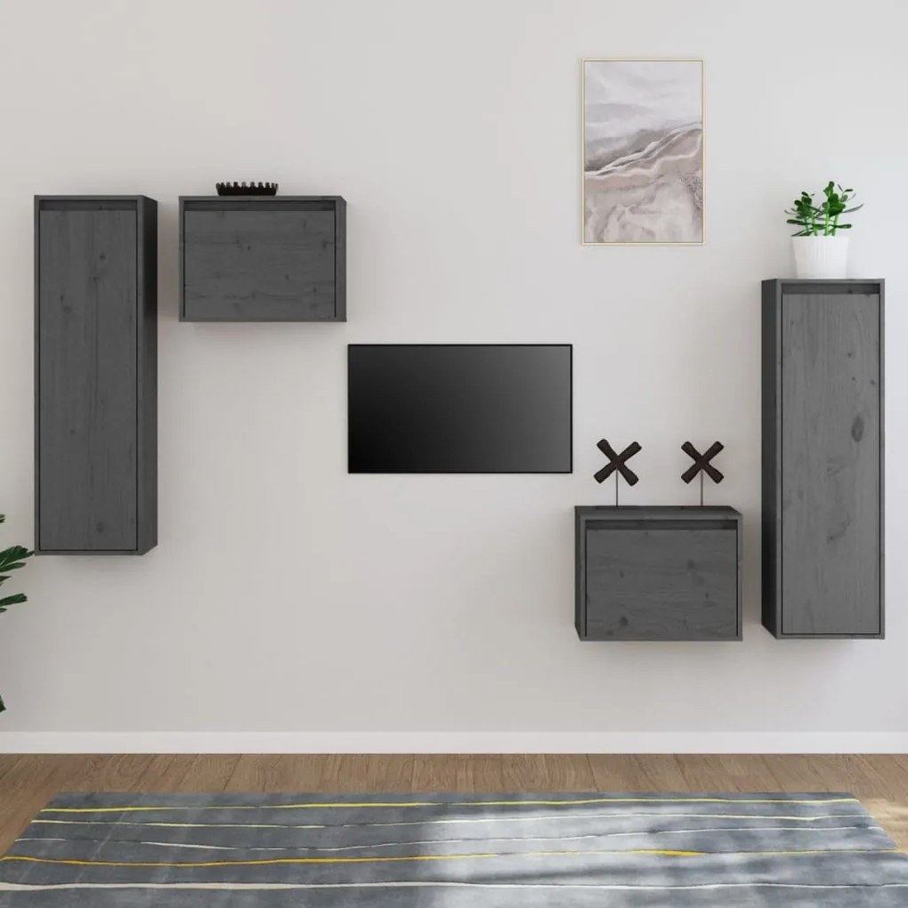 vidaXL Móveis de TV 4 pcs madeira de pinho maciça cinzento