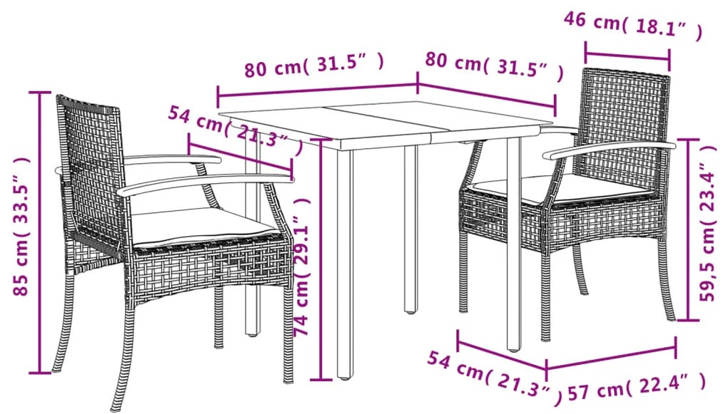 3 pcs conjunto de jantar p/ jardim c/ almofadões vime PE cinza