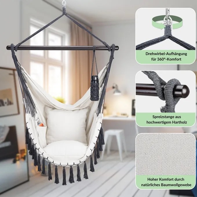 Cadeira suspensa 170x100x150cm com almofadas creme