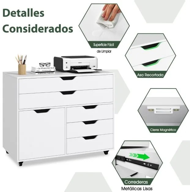 Cómoda de 5 gavetas com porta 5 rodas Armário de arquivo Suporte para impressora Armário de escritório 77,5 x 40 x 64 cm branco