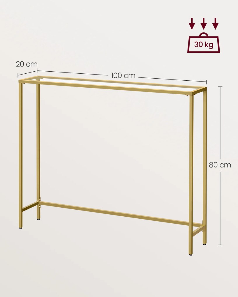 Mesa consola moderna em vidro temperado e metal 20 x 100 x 80 cm dourado claro transparente