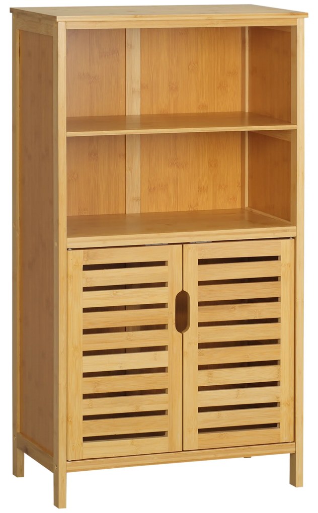 kleankin Armário Casa de Banho de Bambu Móvel Auxiliar Casa de Banho com 2 Portas 2 Prateleiras Abertas 50x29x92 cm Madeira | Aosom Portugal