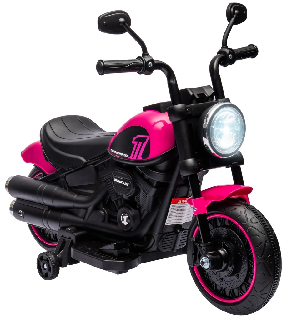 Mota Elétrica para Crianças de 18-36 Meses com Bateria 6V Farol e Rodas Auxiliares Removíveis 76x42x57 cm Rosa