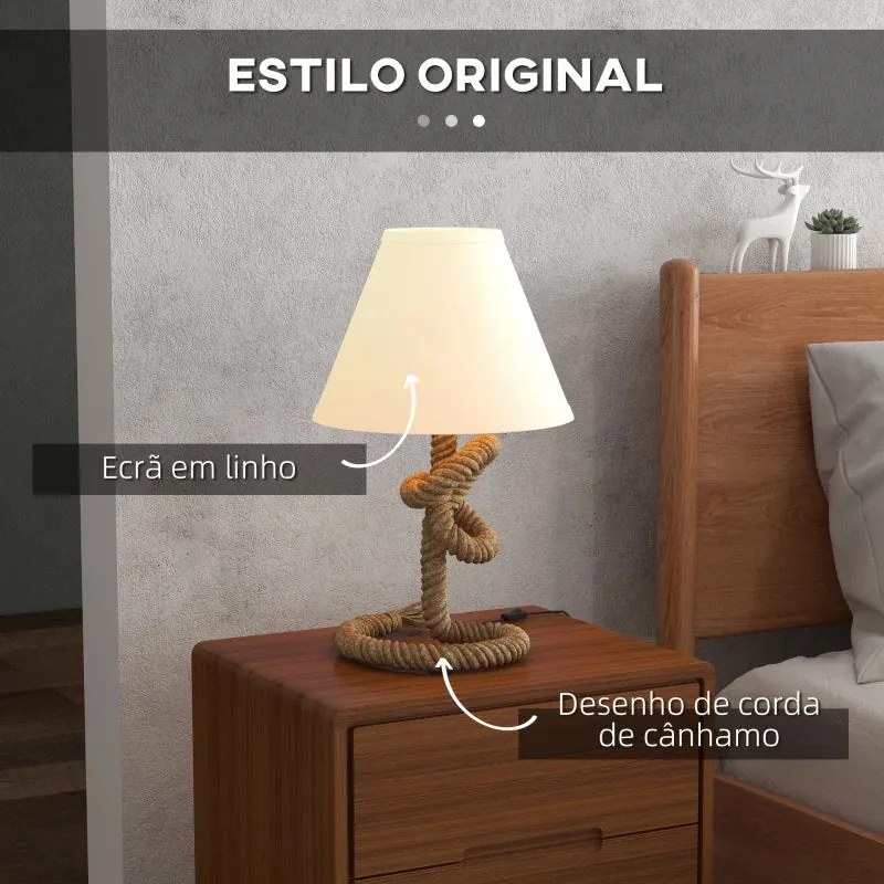 Candeeiro de Mesa Tork em Corda de Canhamo com Luz LED - Design Natura