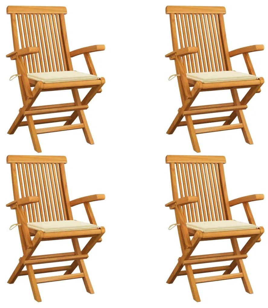 vidaXL Cadeiras de jardim c/ almofadões creme 4 pcs teca maciça