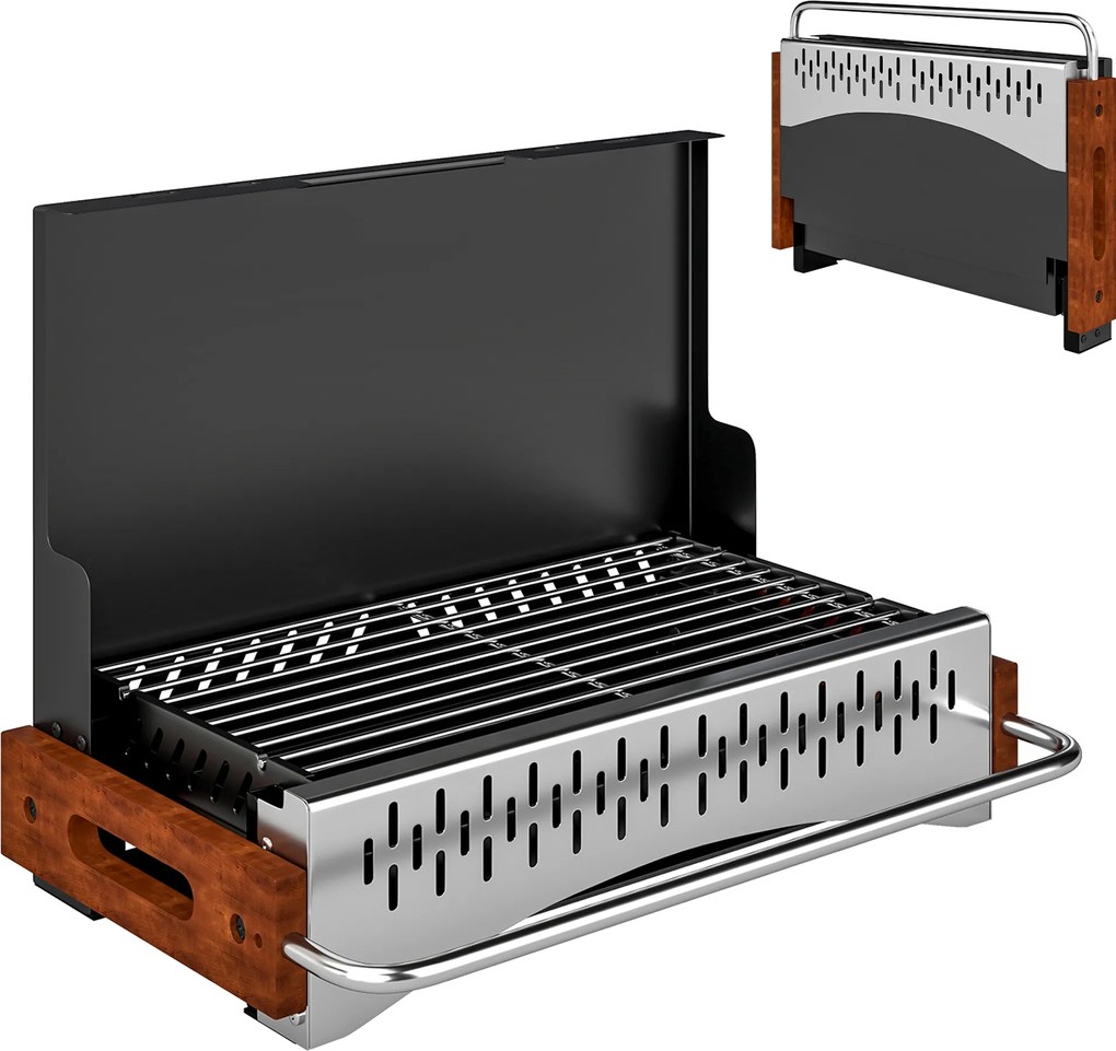 Grelhador a Carvão Dobrável Portátil 50,5x34x33 cm com Bandeja de Carvão Removível para Campismo Piqueniques Preto